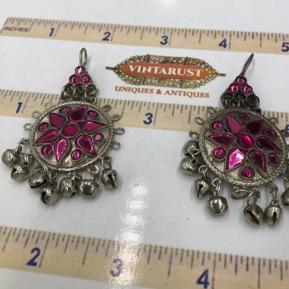 Afghan Kuchi Silver Jhumka Earrings with Purple Glass - Picture 6 of 6